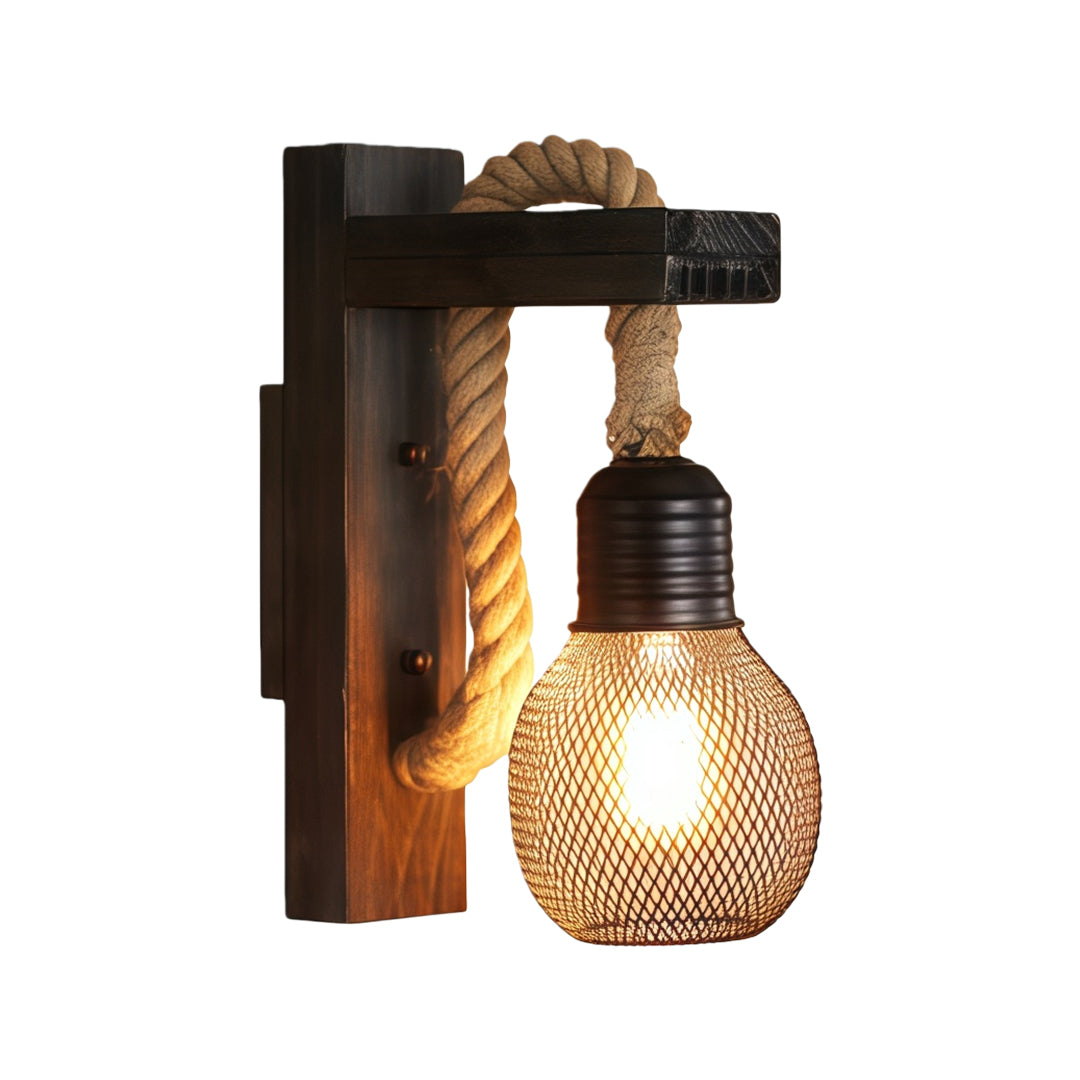 Rustic Iron Wall Lamp with Hemp Rope and Wood Accent
