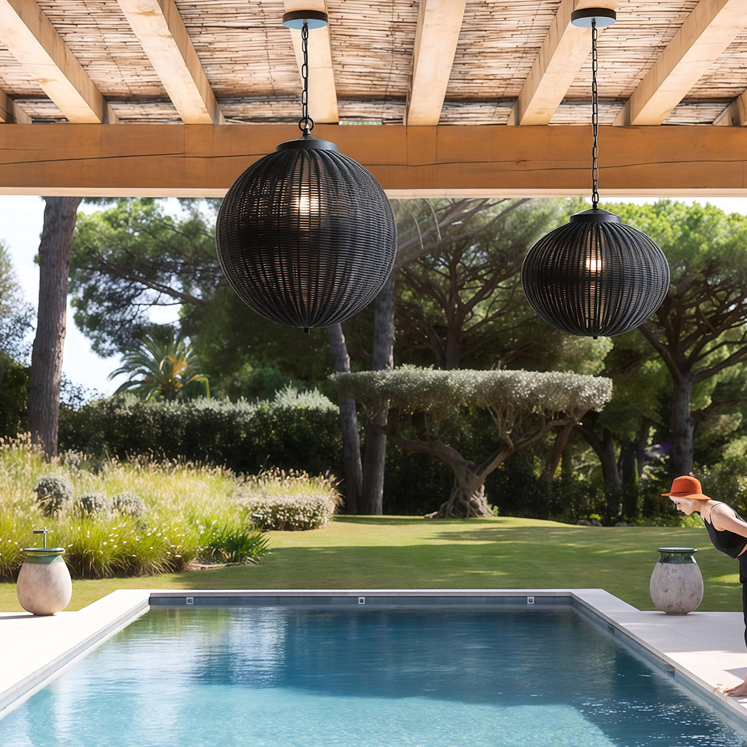Premium Black Woven Outdoor Pendant Light - Waterproof Ceiling Fixture