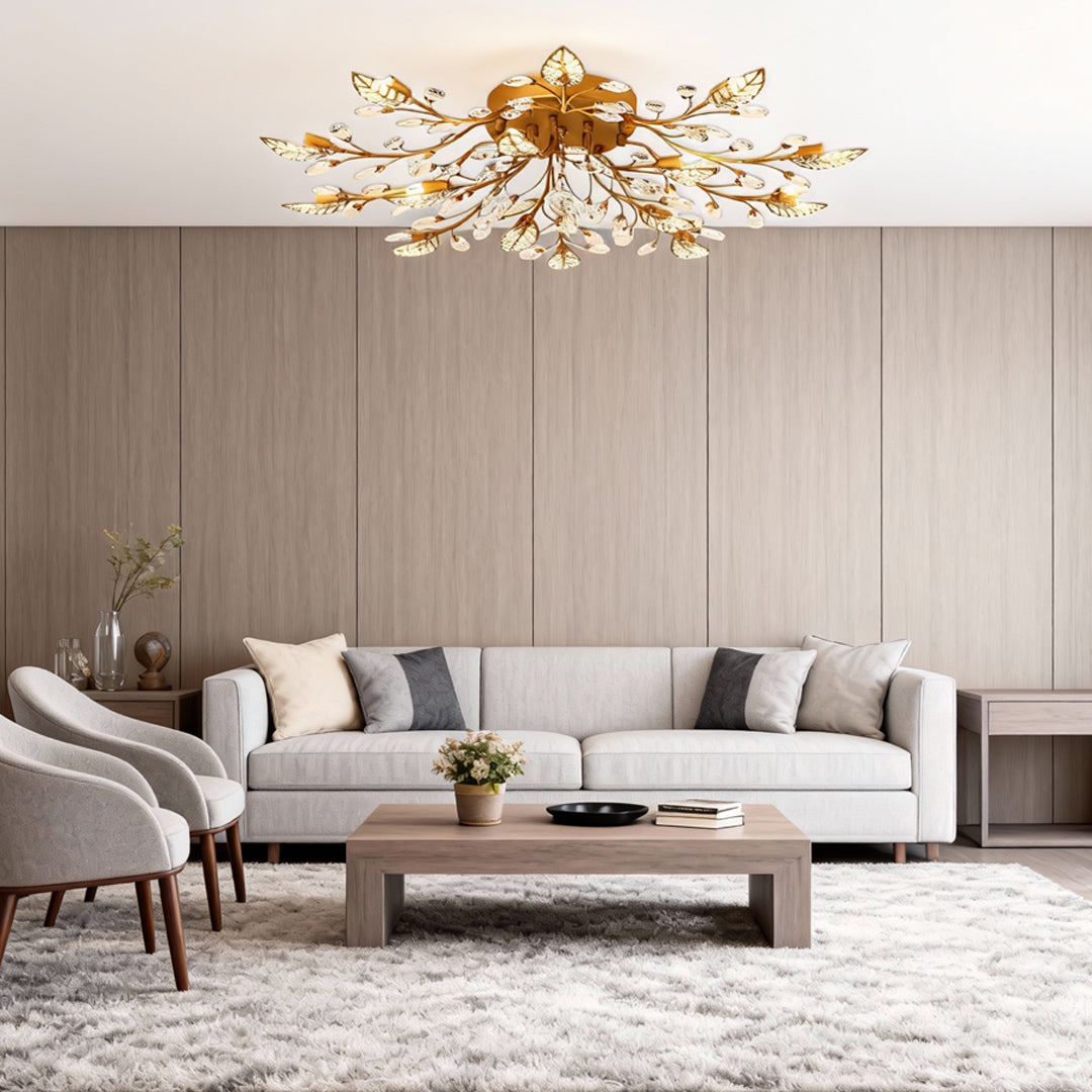 Modern Brass Leaf Chandelier with Crystal Accents