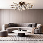 Modern Brass Leaf Chandelier with Crystal Accents