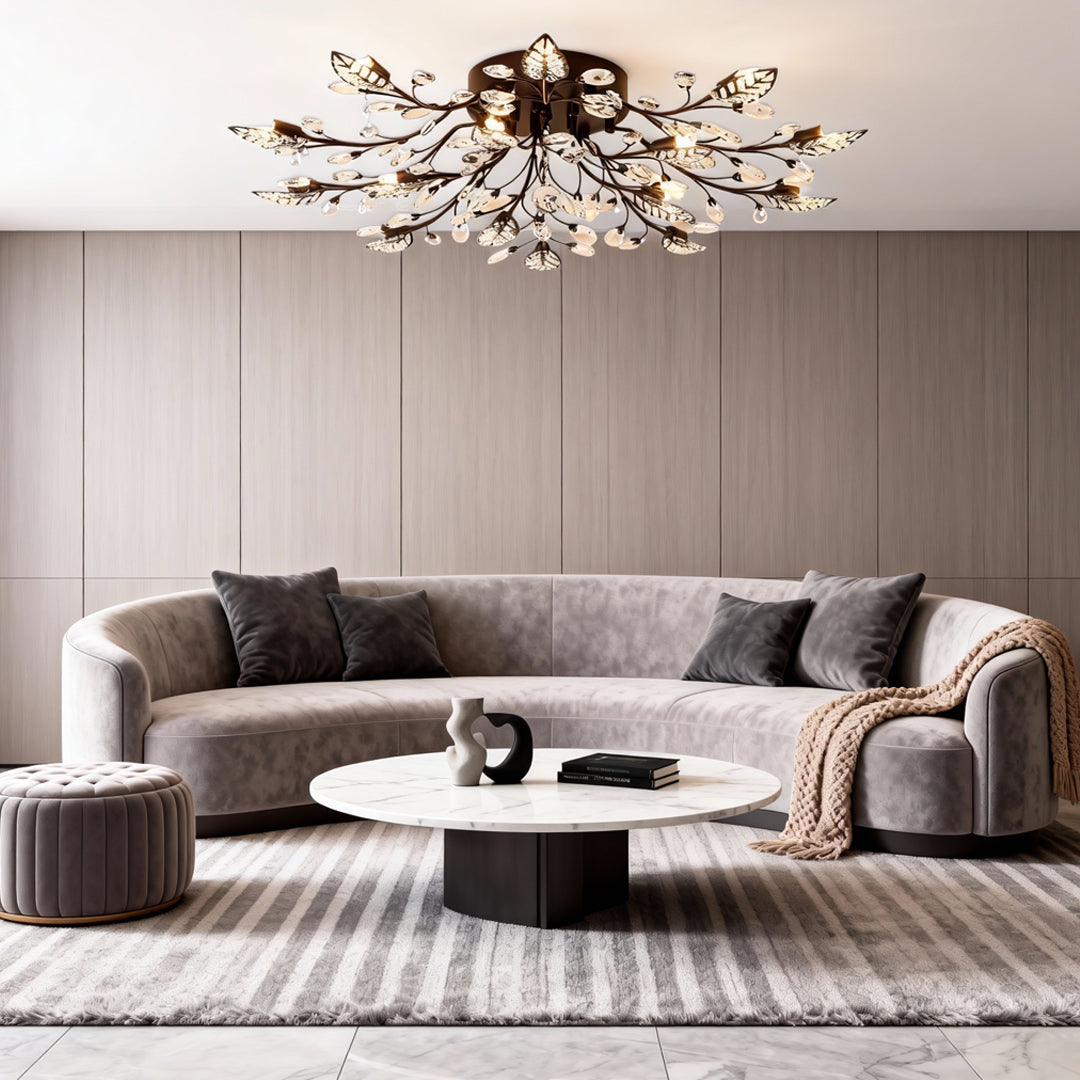 Modern Brass Leaf Chandelier with Crystal Accents