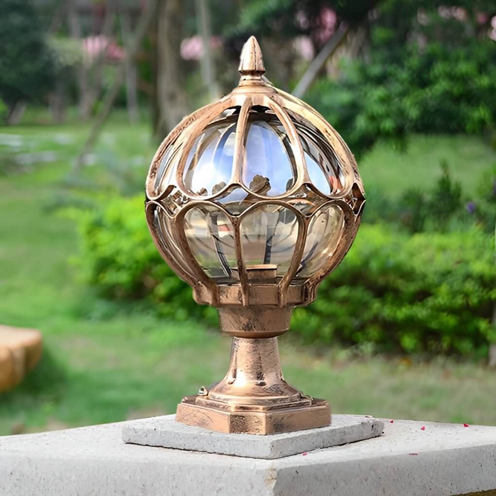 Premium Retro Glass Globe Outdoor Pillar Light with Copper Accent