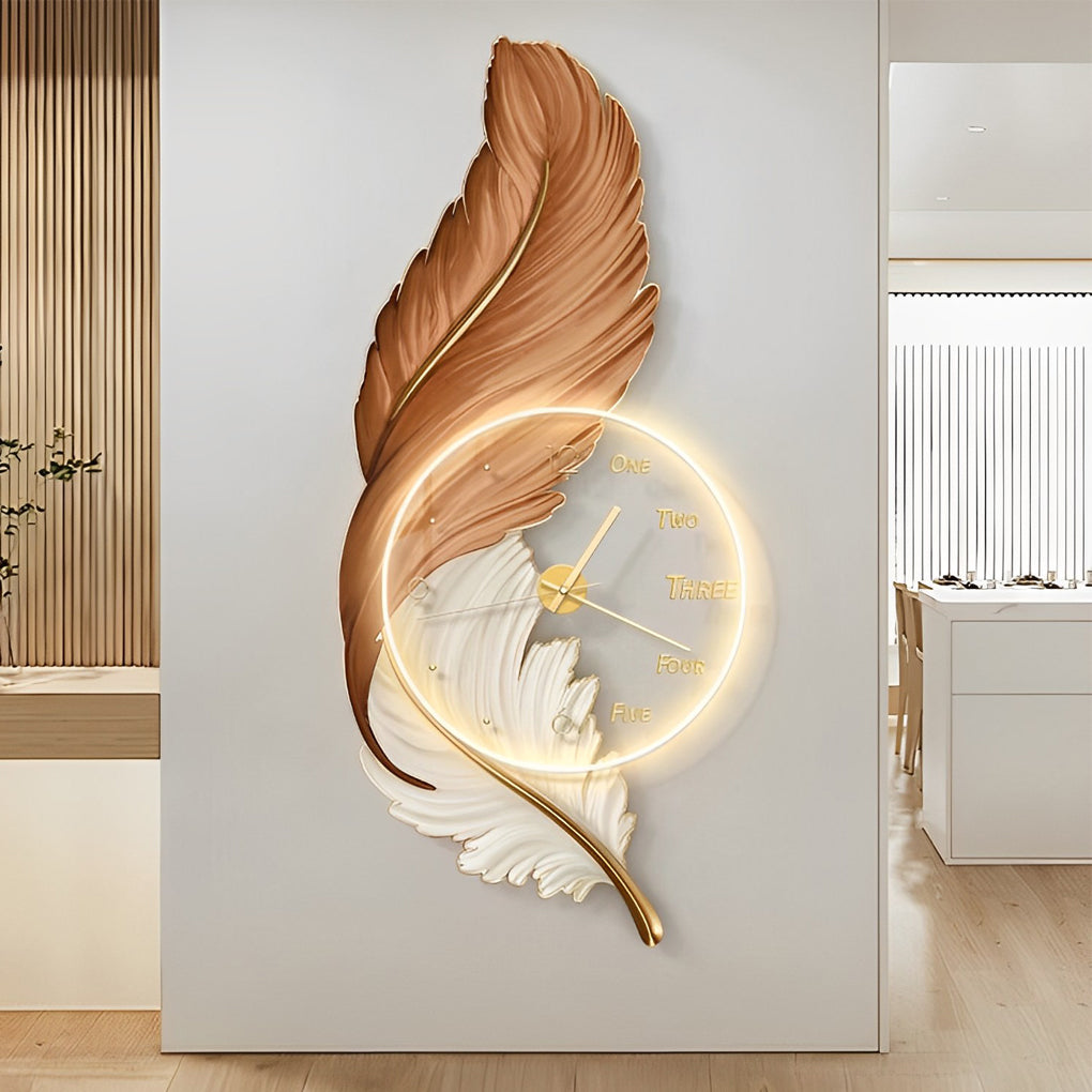 Rechargeable LED Wall Clock Light with Acrylic Feather Design