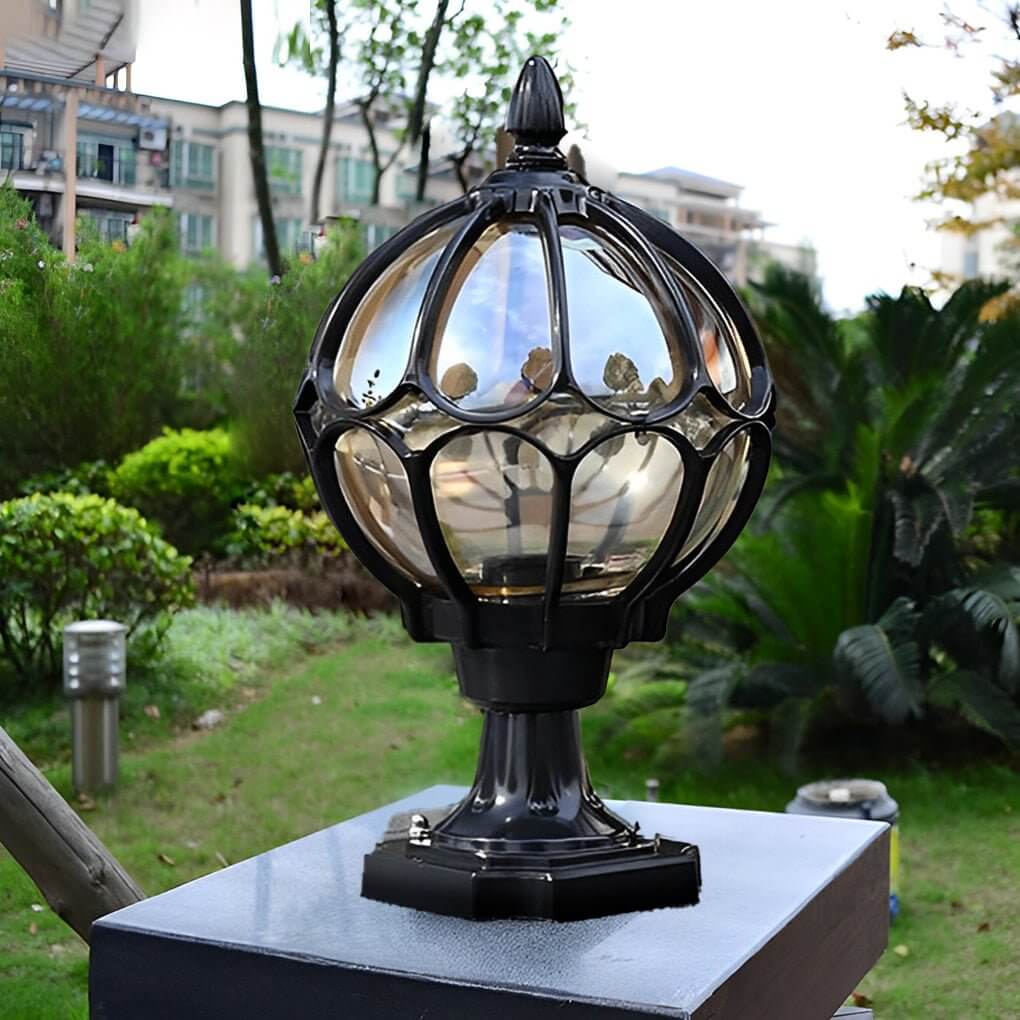 Premium Retro Glass Globe Outdoor Pillar Light with Copper Accent