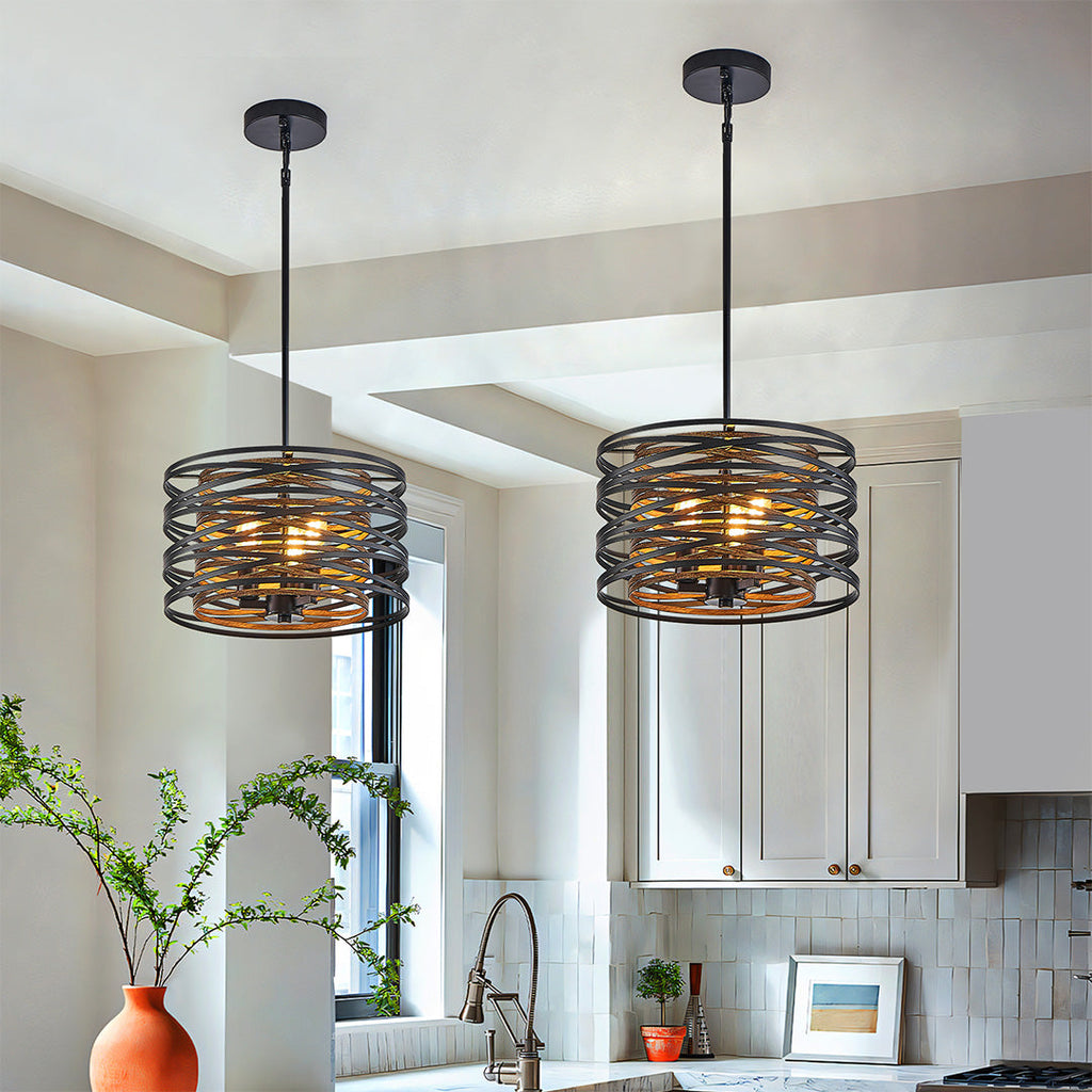 Black Iron Cage Drum Pendant Light - Round Ceiling Fixture