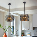 Black Iron Cage Drum Pendant Light - Round Ceiling Fixture