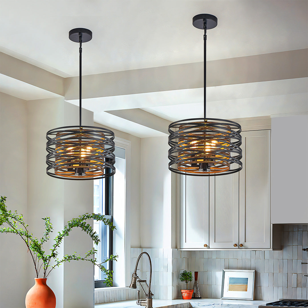 Black Iron Cage Drum Pendant Light - Round Ceiling Fixture