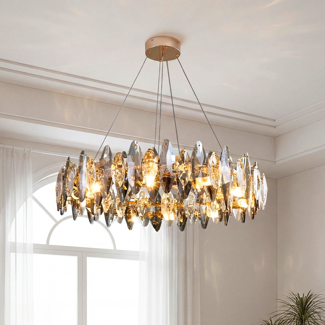Modern Smoke Gray Oval Crystal Chandelier with Round Iron LED