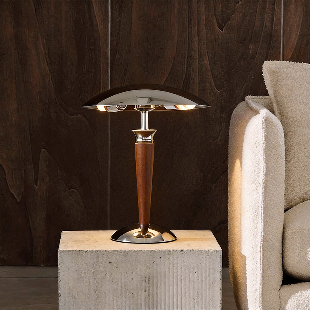Retro Chrome Mushroom Lamp with Wooden Rod