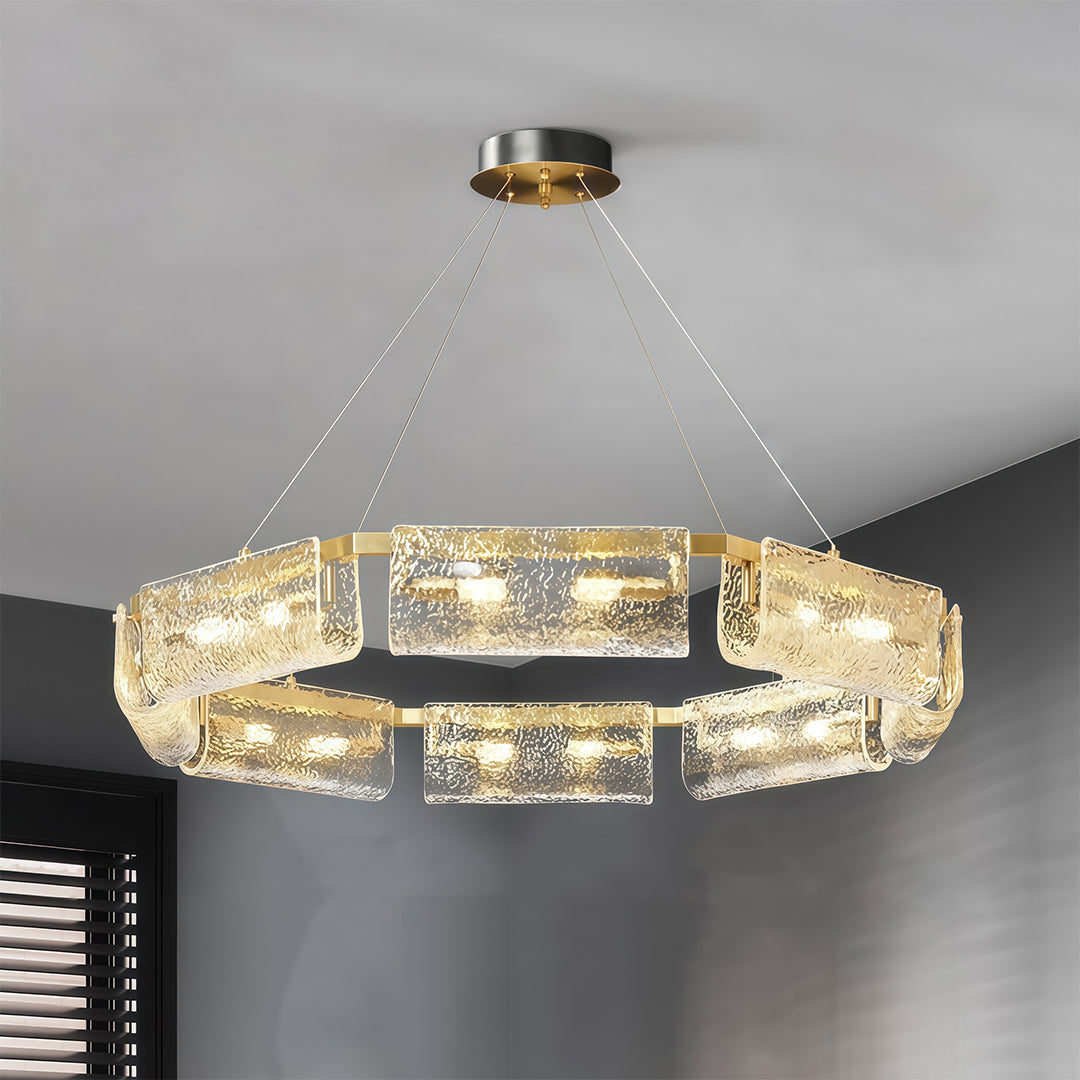 Luxury Rectangular Glass Chandelier with Brass Ceiling Fixture