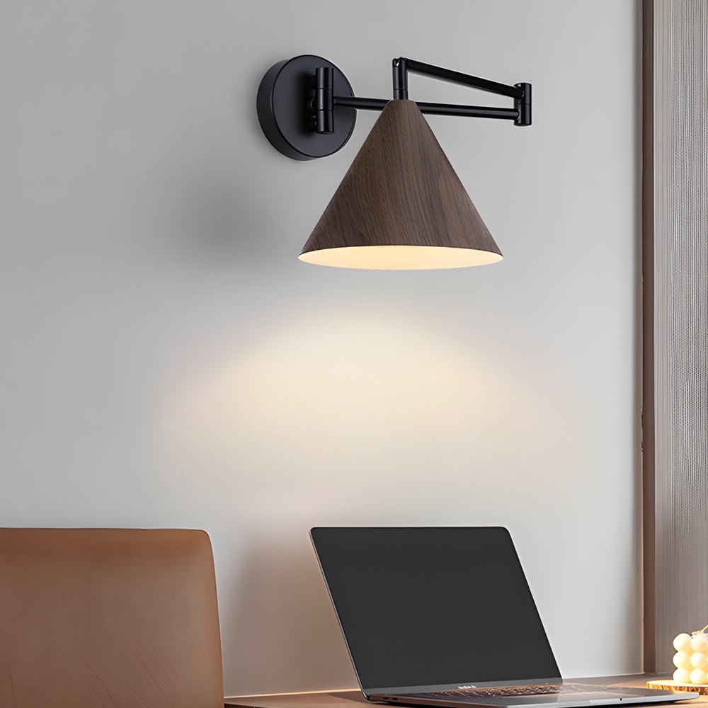 Cone-Shaped Wood Wall Sconce - 1-Light Swing Arm Fixture