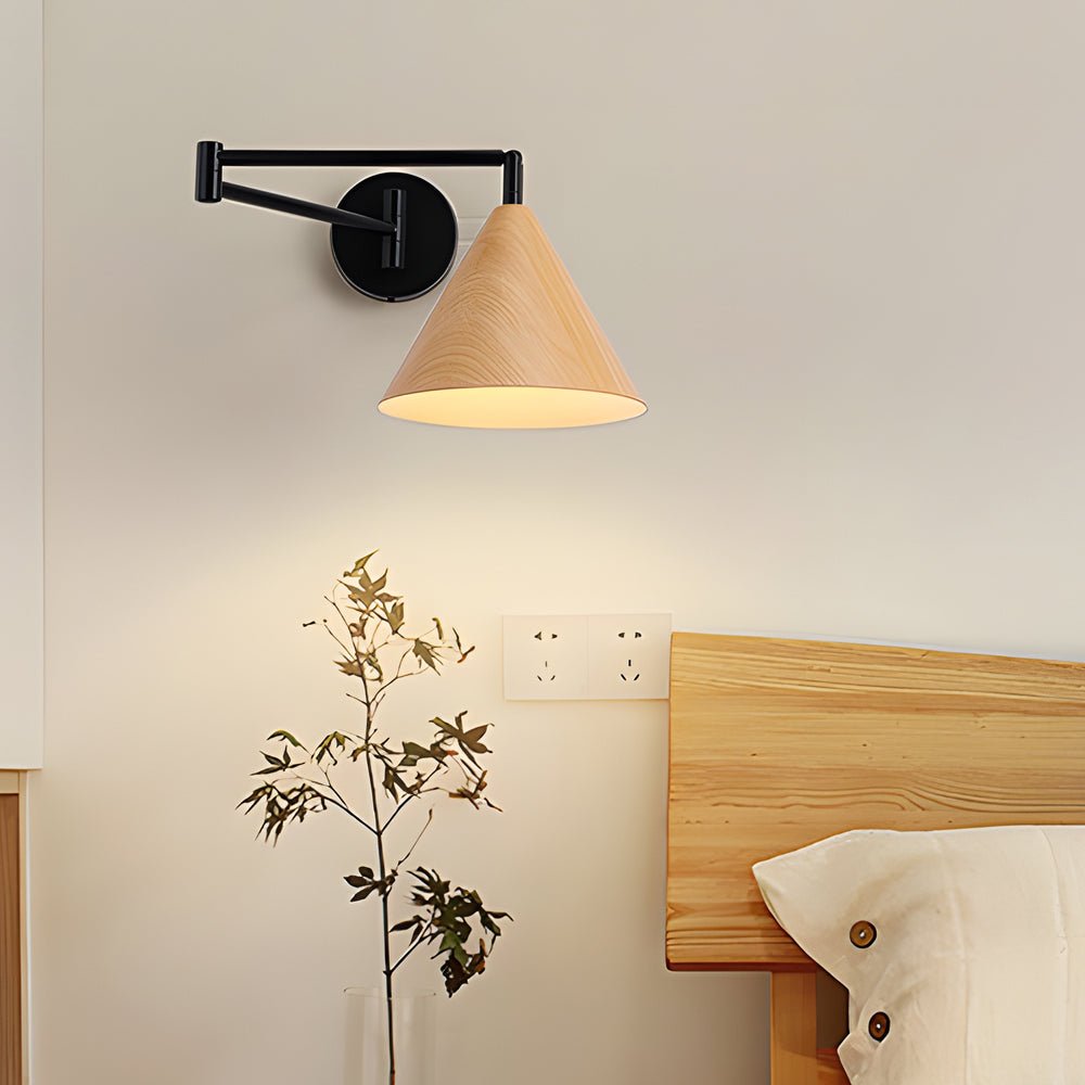 Cone-Shaped Wood Wall Sconce - 1-Light Swing Arm Fixture
