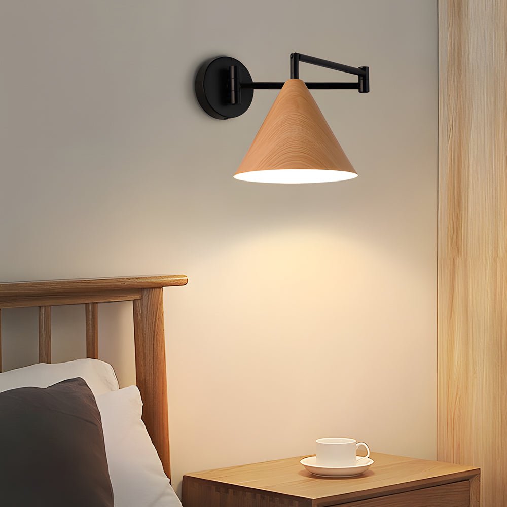 Cone-Shaped Wood Wall Sconce - 1-Light Swing Arm Fixture