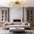 Modern Brass Leaf Chandelier with Crystal Accents