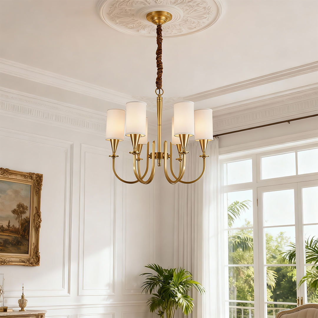 Modern Copper Chandelier with Fabric Lampshade - Elegant Ceiling Light