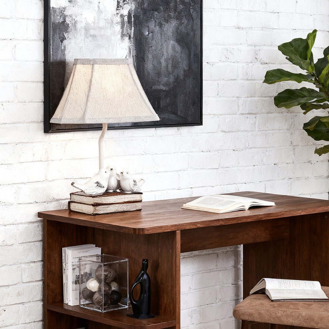 French Bird Table Lamp on Stacked Books - Fabric Shade