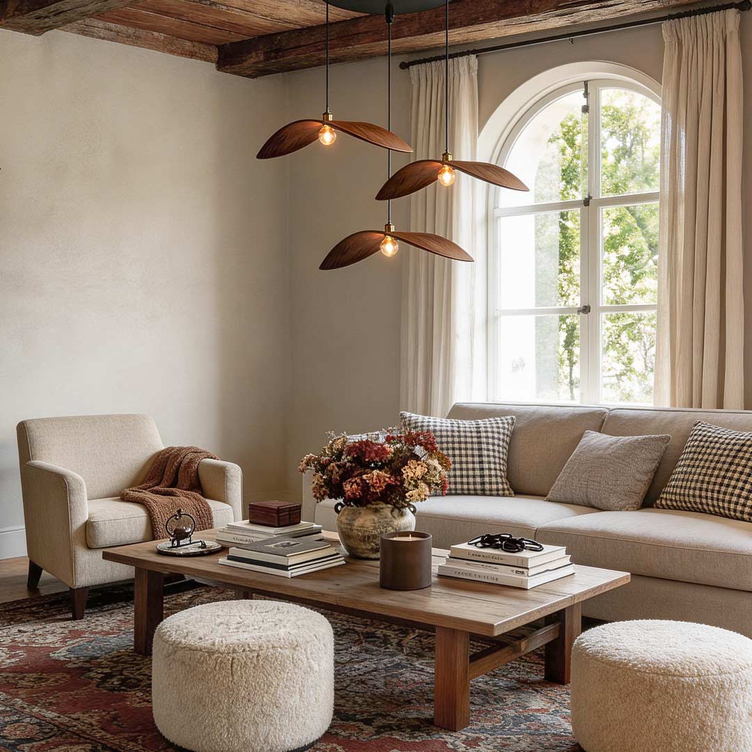 Wabi-Sabi Walnut Wood Curved Pendant Light