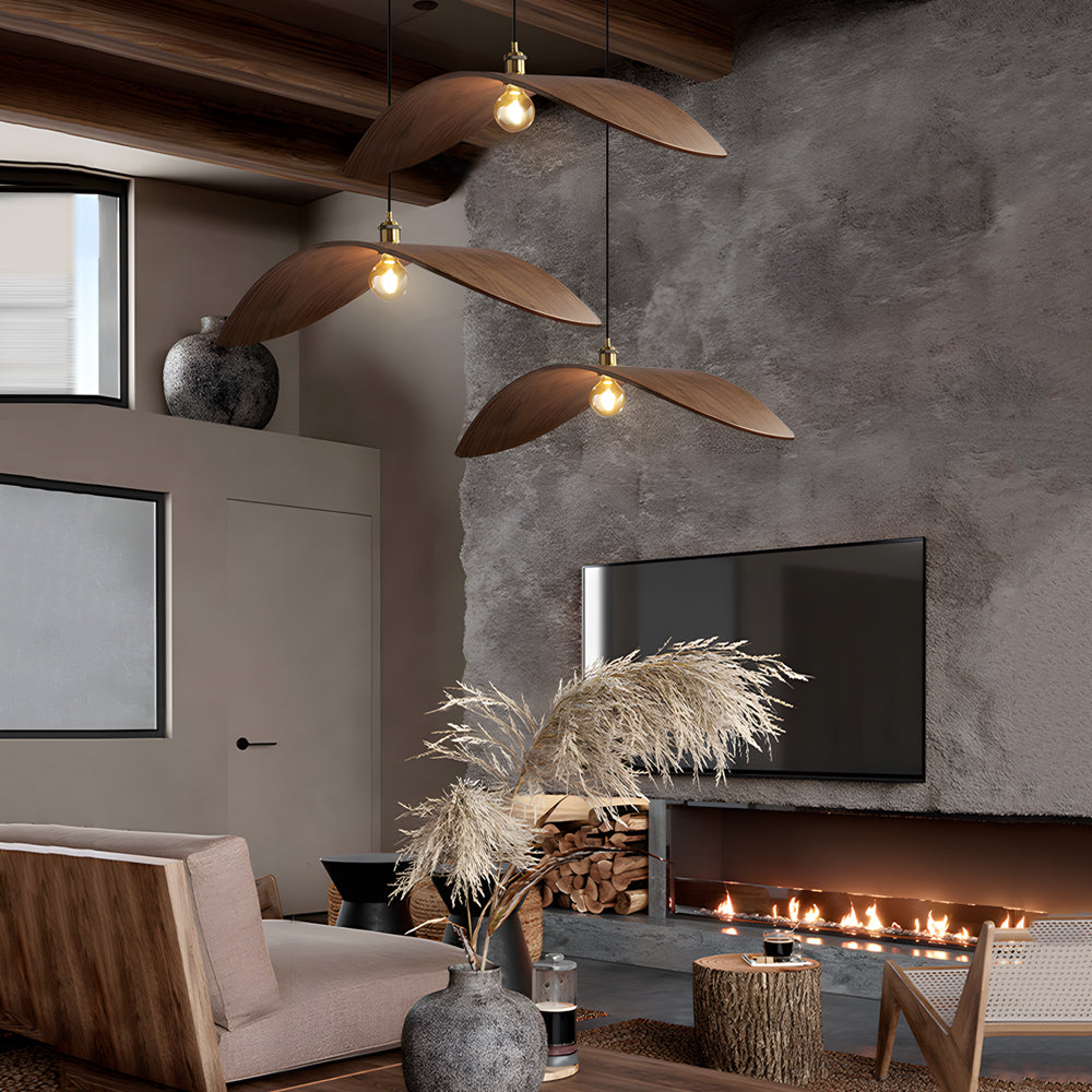 Wabi-Sabi Walnut Wood Curved Pendant Light