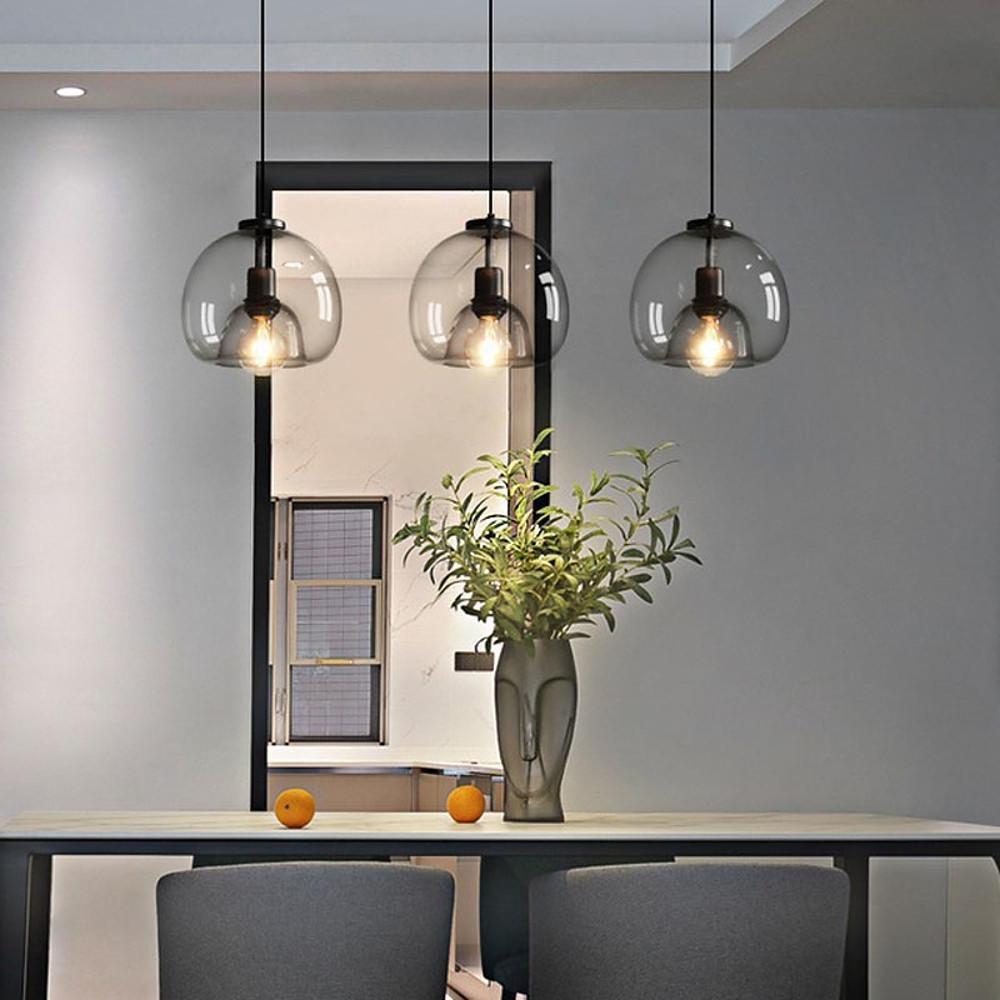Smoked Glass Round Pendant Light Shade - Vintage Metal Design