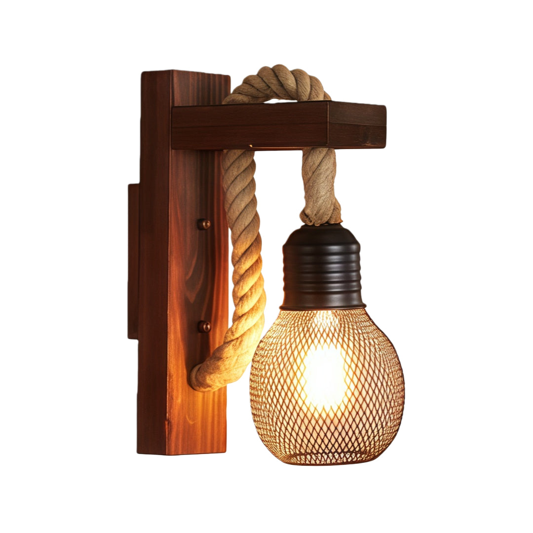Rustic Iron Wall Lamp with Hemp Rope and Wood Accent