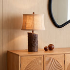 Faux Wood Table Lamp with Bark-Textured Fabric Shade