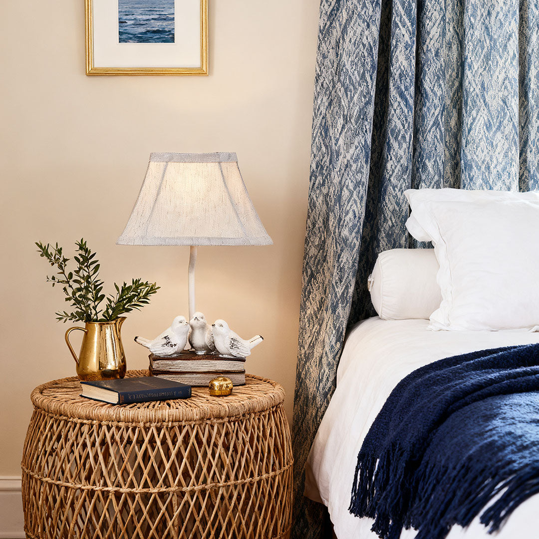 French Bird Table Lamp on Stacked Books - Fabric Shade