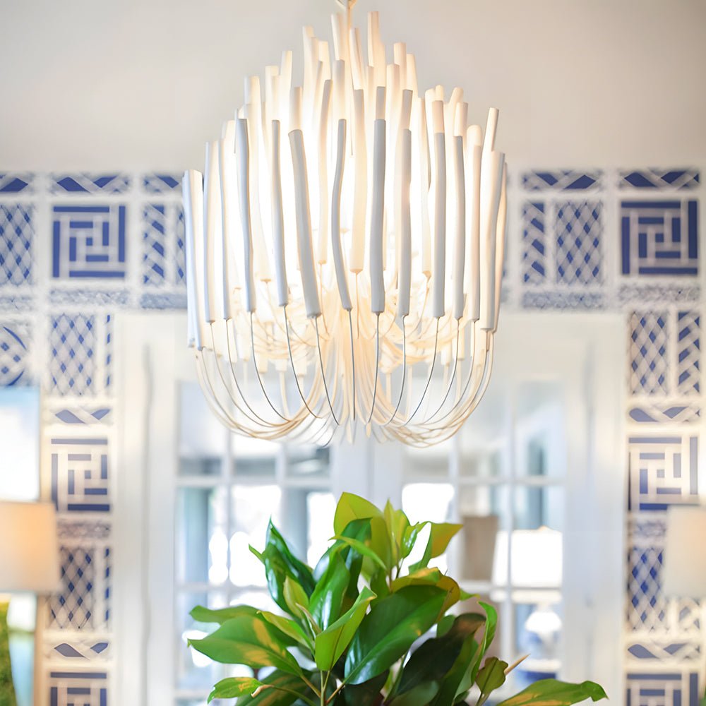 White Painted Wooden Stick Chandelier - Organic Ceiling Light