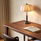 Vintage Brass Dome Table Lamp with Fabric Shade and Pull Chain