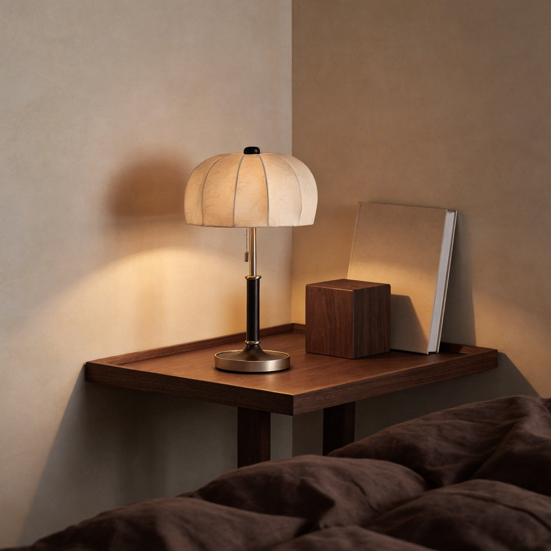 Vintage Brass Dome Table Lamp with Fabric Shade and Pull Chain