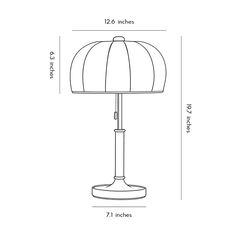 Vintage Brass Dome Table Lamp with Fabric Shade and Pull Chain