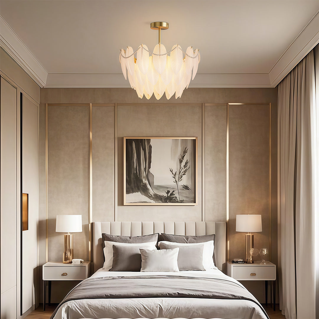 Modern Copper Pearl Feathers Chandelier Ceiling Light