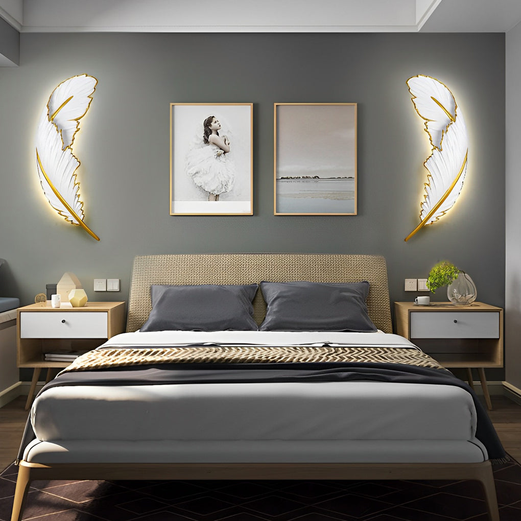 Modern White Feather LED Wall Lamp - Decorative Resin Light