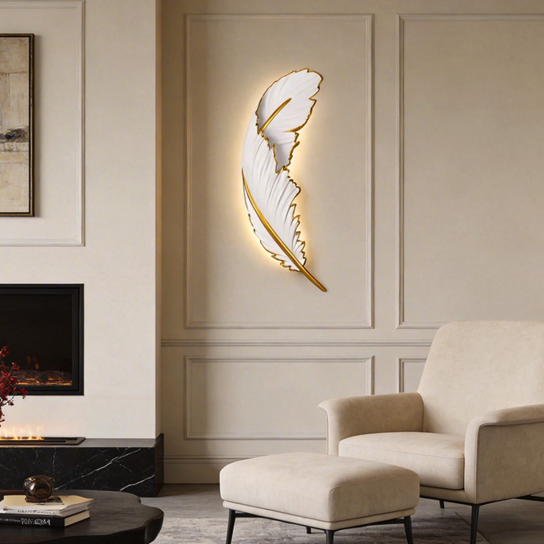 Modern White Feather LED Wall Lamp - Decorative Resin Light