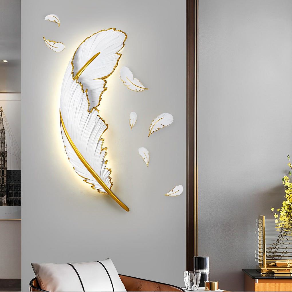 Modern White Feather LED Wall Lamp - Decorative Resin Light