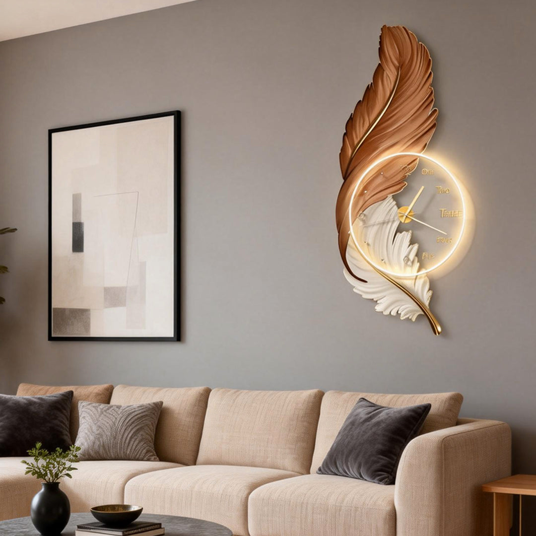 Rechargeable LED Wall Clock Light with Acrylic Feather Design
