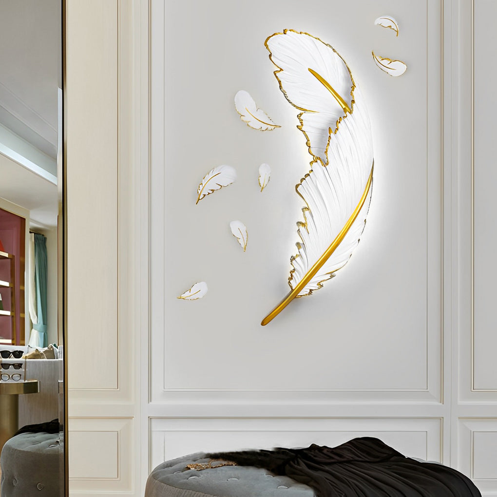 Modern White Feather LED Wall Lamp - Decorative Resin Light