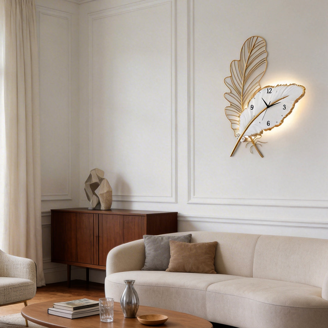 Silent Feather Wall Clock with LED Light - Elegant Resin Art Decor