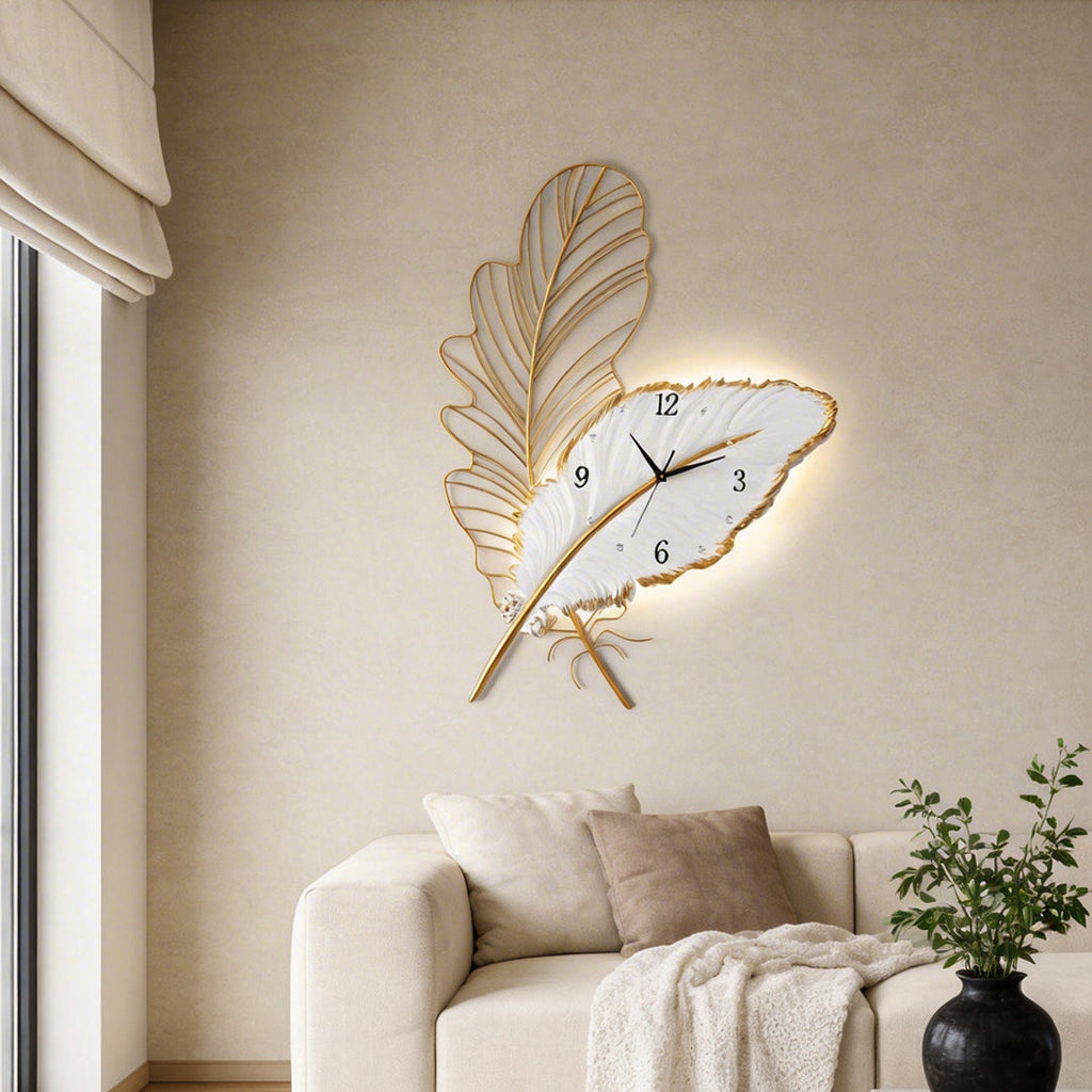 Silent Feather Wall Clock with LED Light - Elegant Resin Art Decor