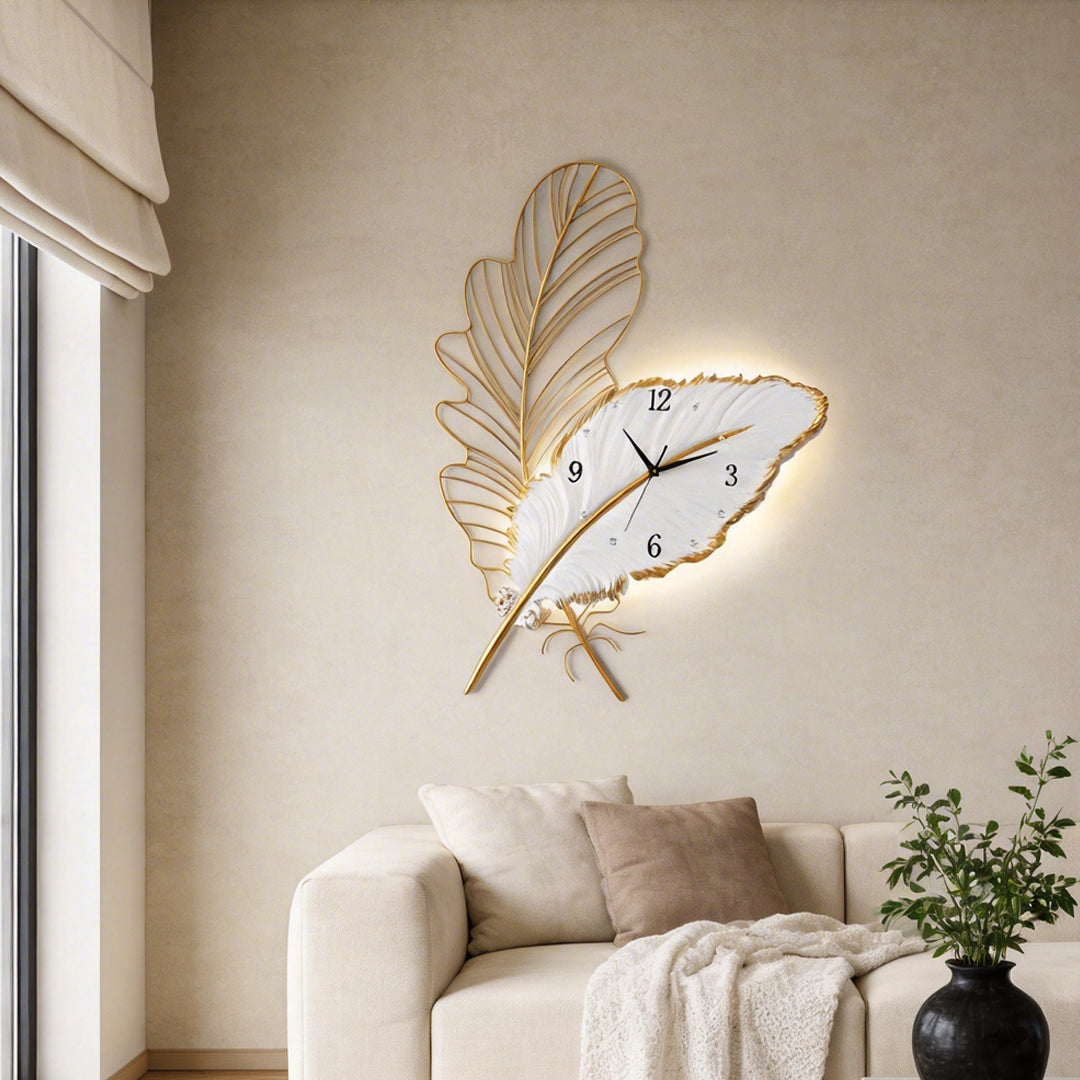 Silent Feather Wall Clock with LED Light - Elegant Resin Art Decor