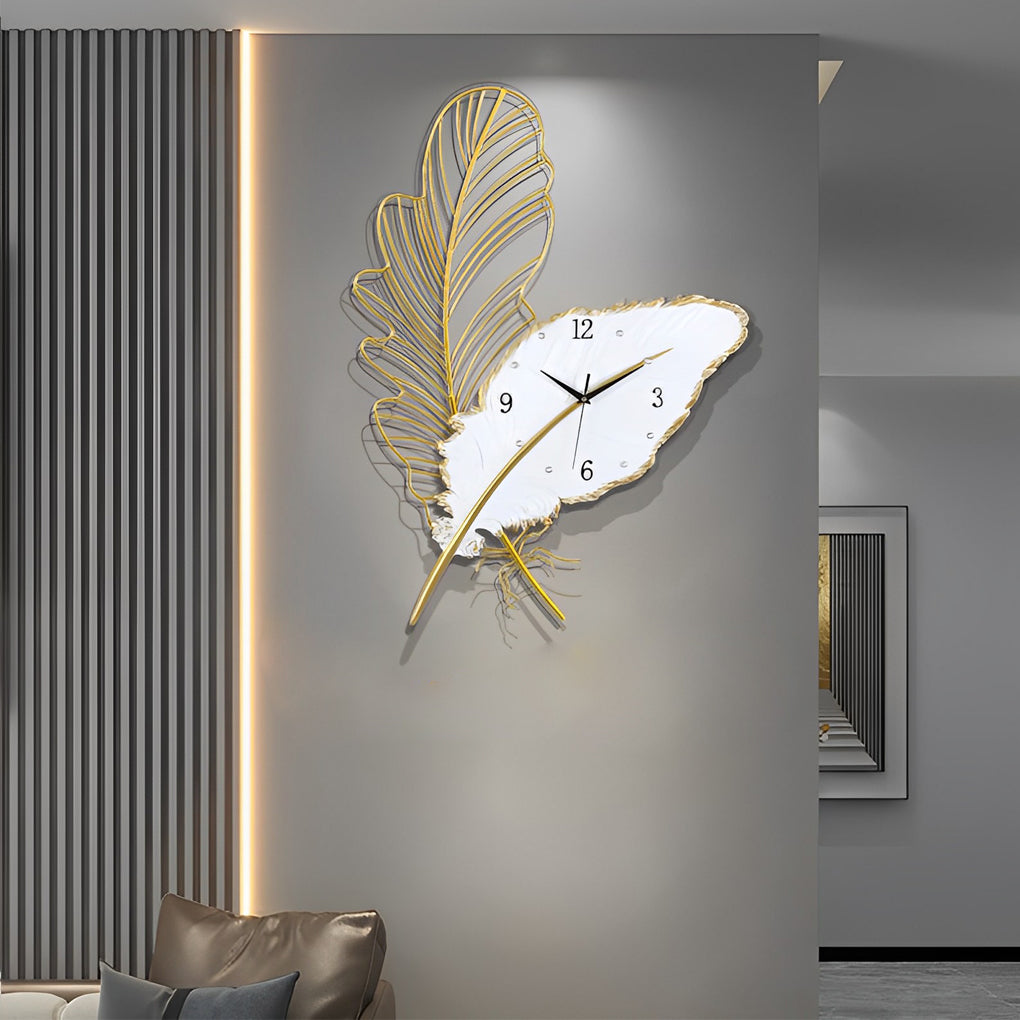 Silent Feather Wall Clock with LED Light - Elegant Resin Art Decor