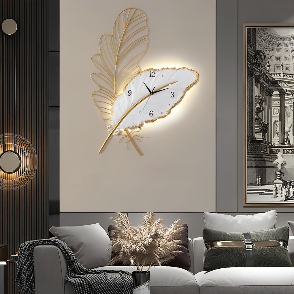 Silent Feather Wall Clock with LED Light - Elegant Resin Art Decor