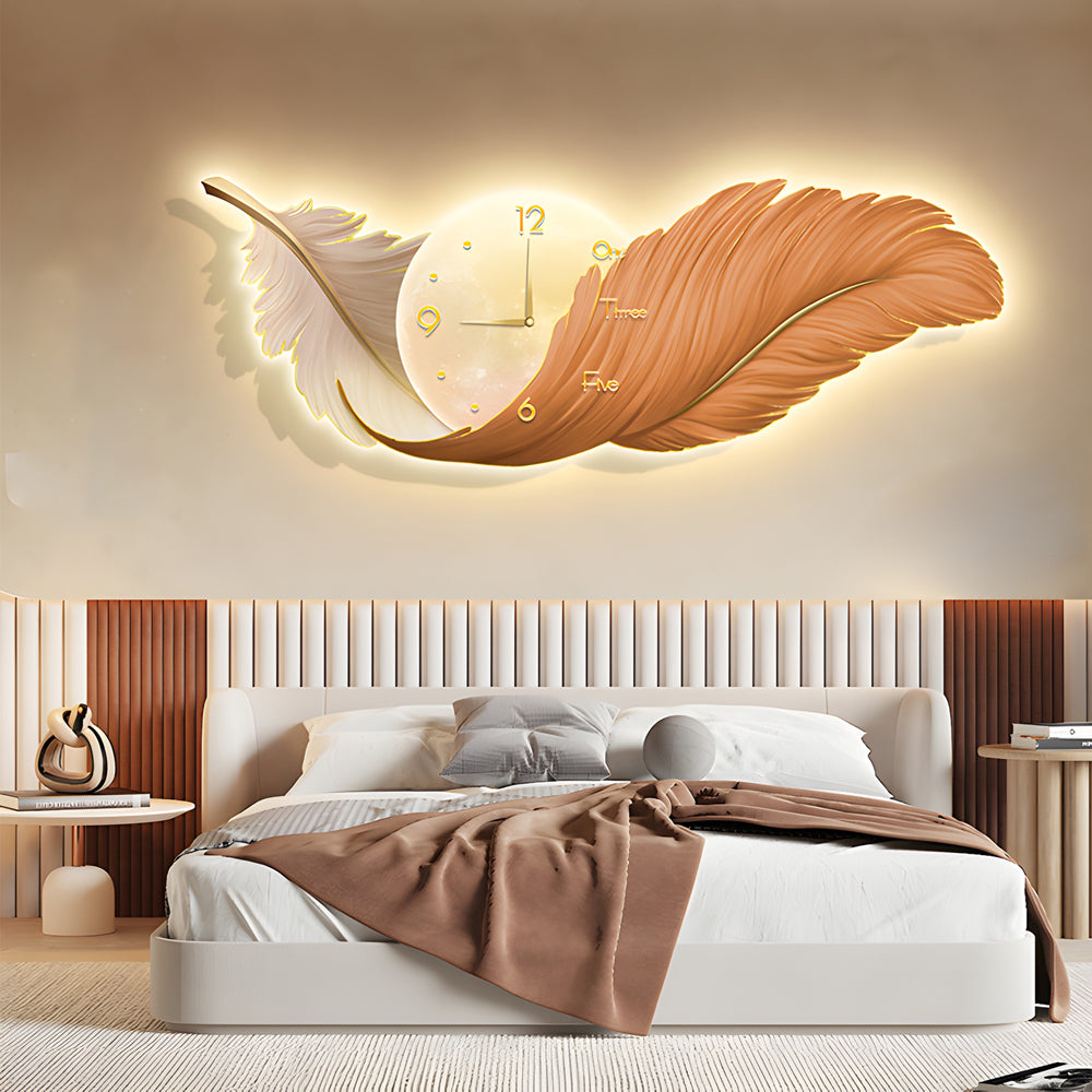 Modern LED Feather Wall Lamp with Art Clock - Elegant Home Decor