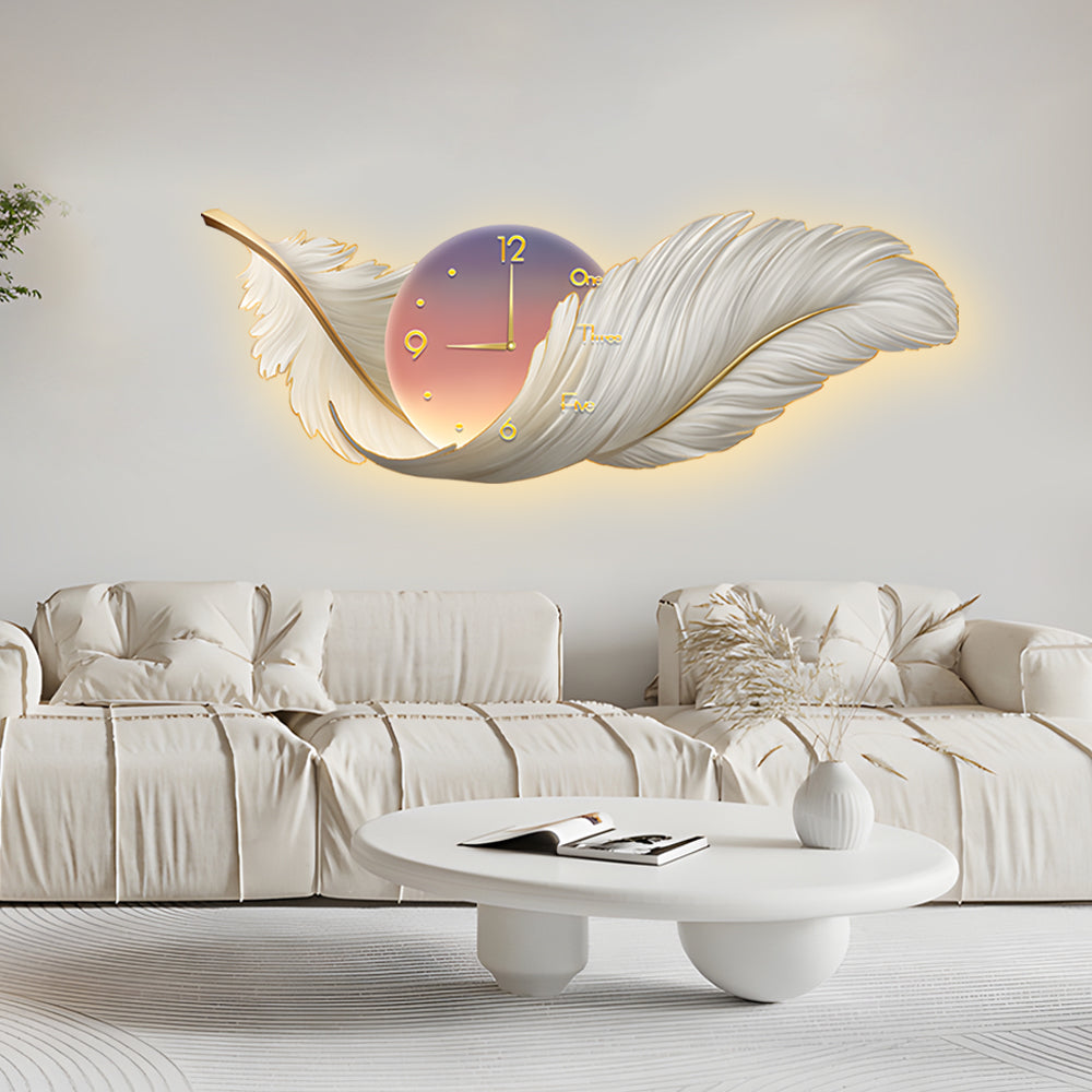 Modern LED Feather Wall Lamp with Art Clock - Elegant Home Decor