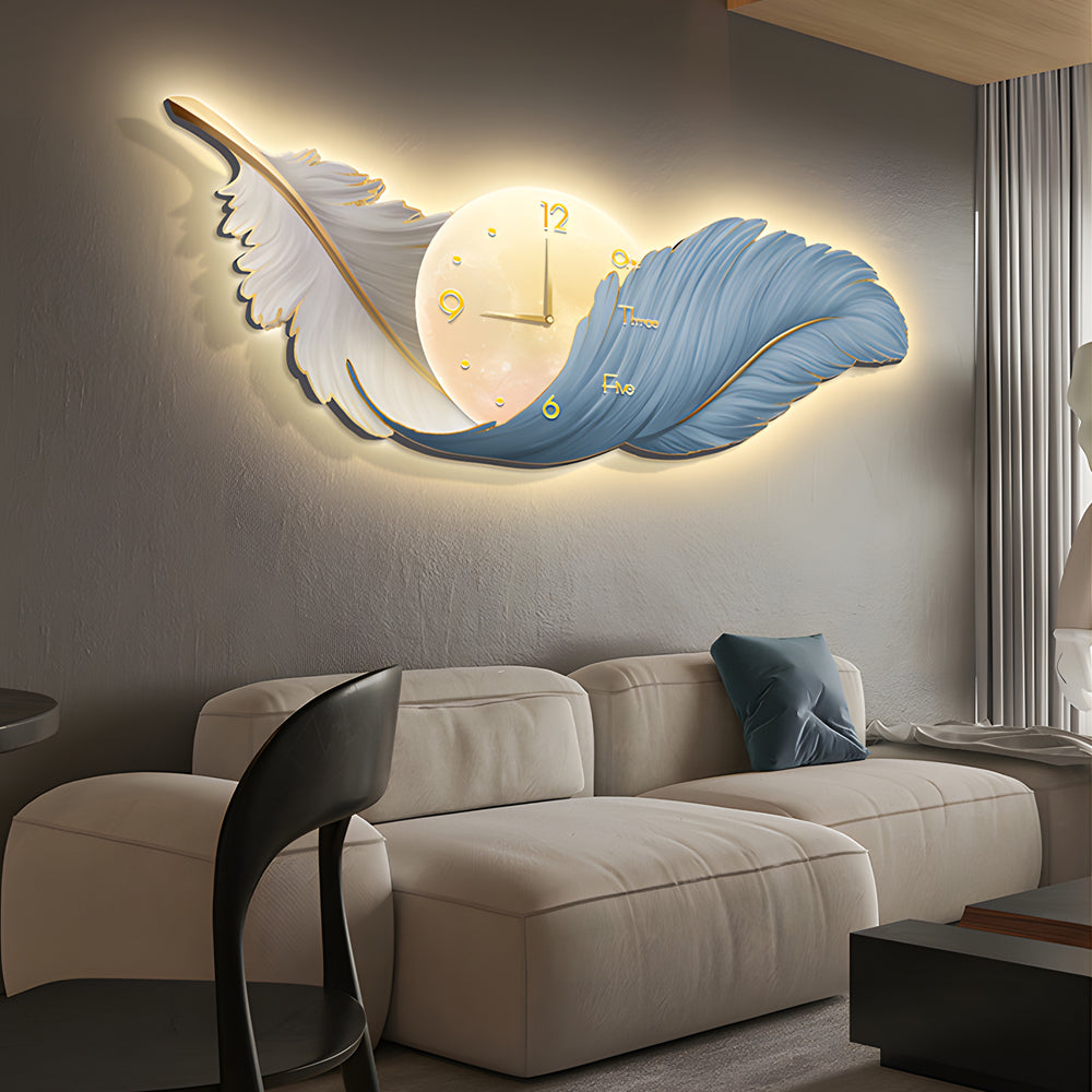 Modern LED Feather Wall Lamp with Art Clock - Elegant Home Decor