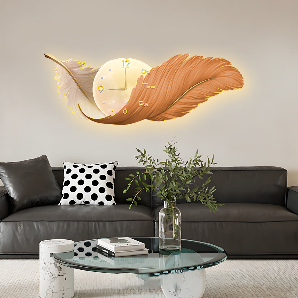 Modern LED Feather Wall Lamp with Art Clock - Elegant Home Decor