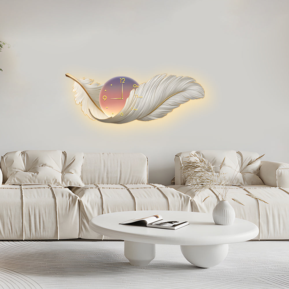 Modern LED Feather Wall Lamp with Art Clock - Elegant Home Decor