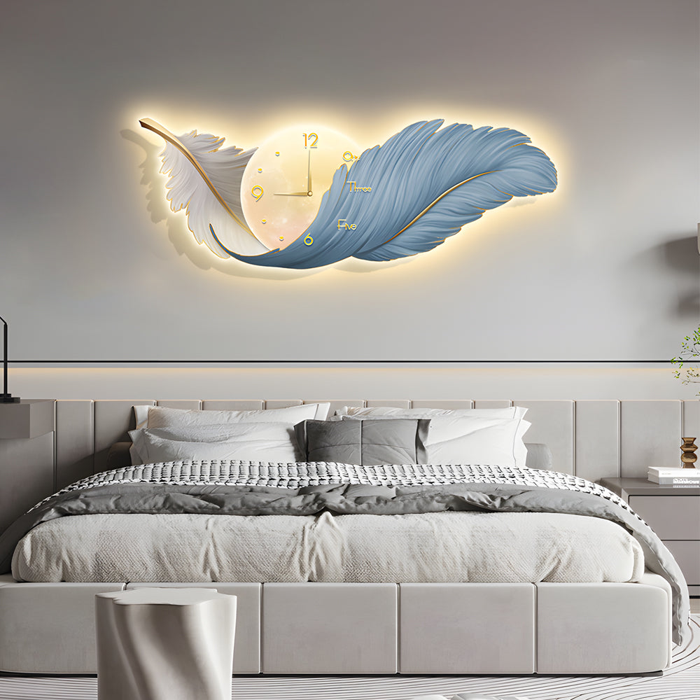 Modern LED Feather Wall Lamp with Art Clock - Elegant Home Decor