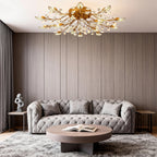 Modern Brass Leaf Chandelier with Crystal Accents