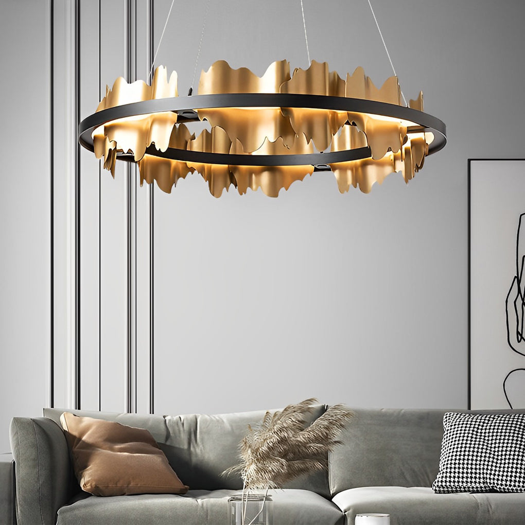 Modern Gold Leaf Round LED Chandelier - Elegant Metal Ceiling Light