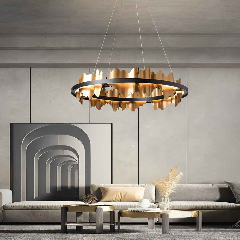 Modern Gold Leaf Round LED Chandelier - Elegant Metal Ceiling Light